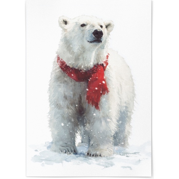 Watercolor Polar Bear with Red Scarf Portrait Wall Art Print Poster, Unframed - Picture 2 of 5